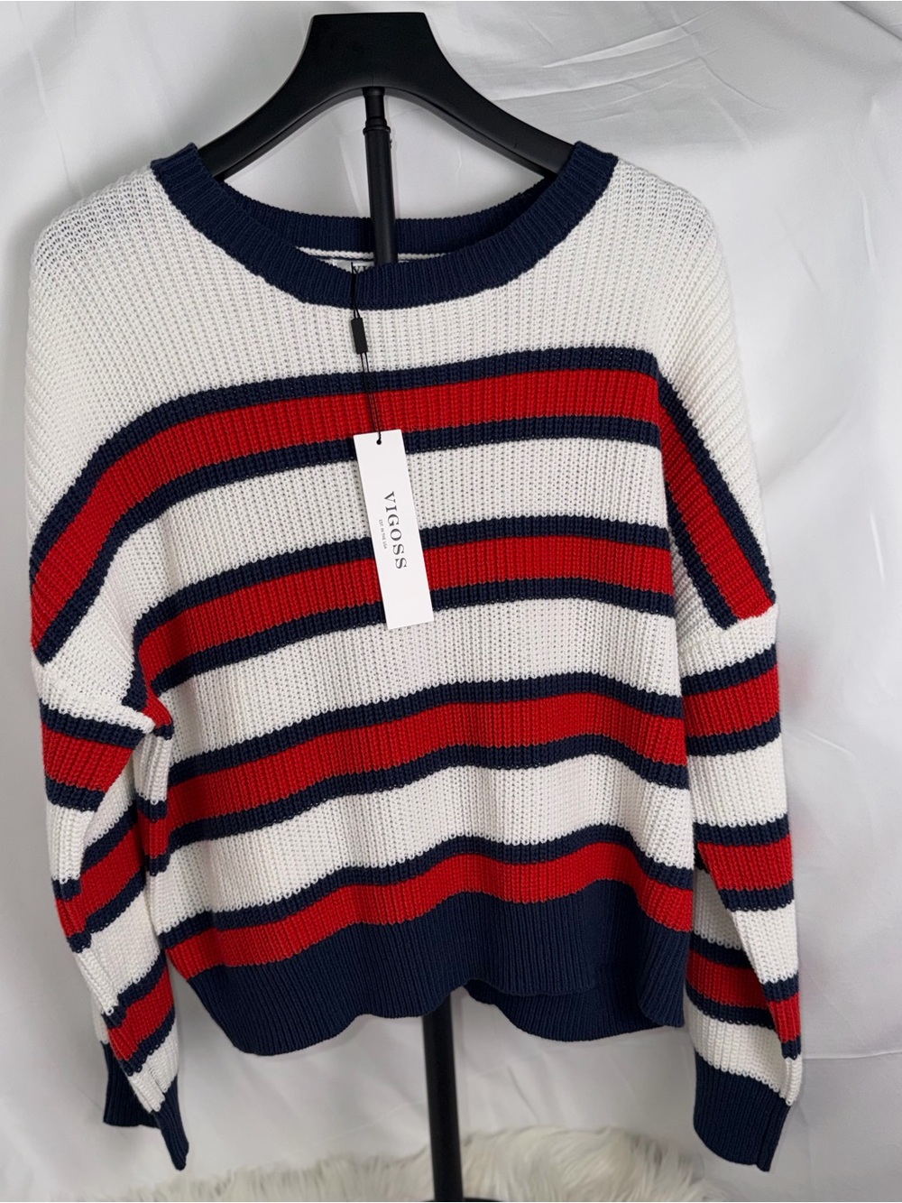 VIGOSS Women's Cream Navy Red Striped Knit Sweater M